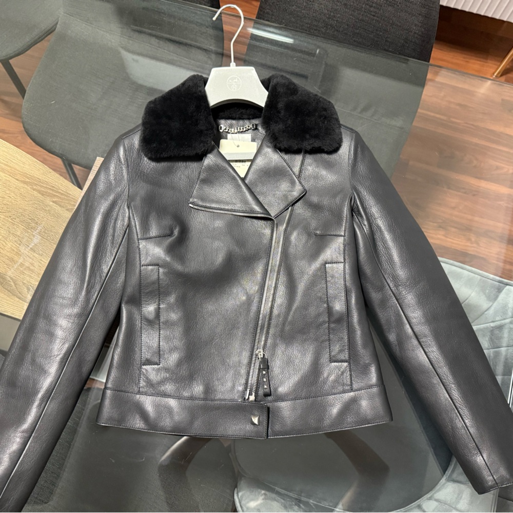 Hermes Black Leather Jacket with Plush Collar